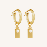 Engravable Rectangle Charm Hoops - With Pearl - Gold
