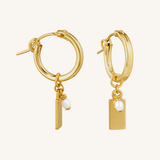 Engravable Rectangle Charm Hoops - With Pearl - Gold