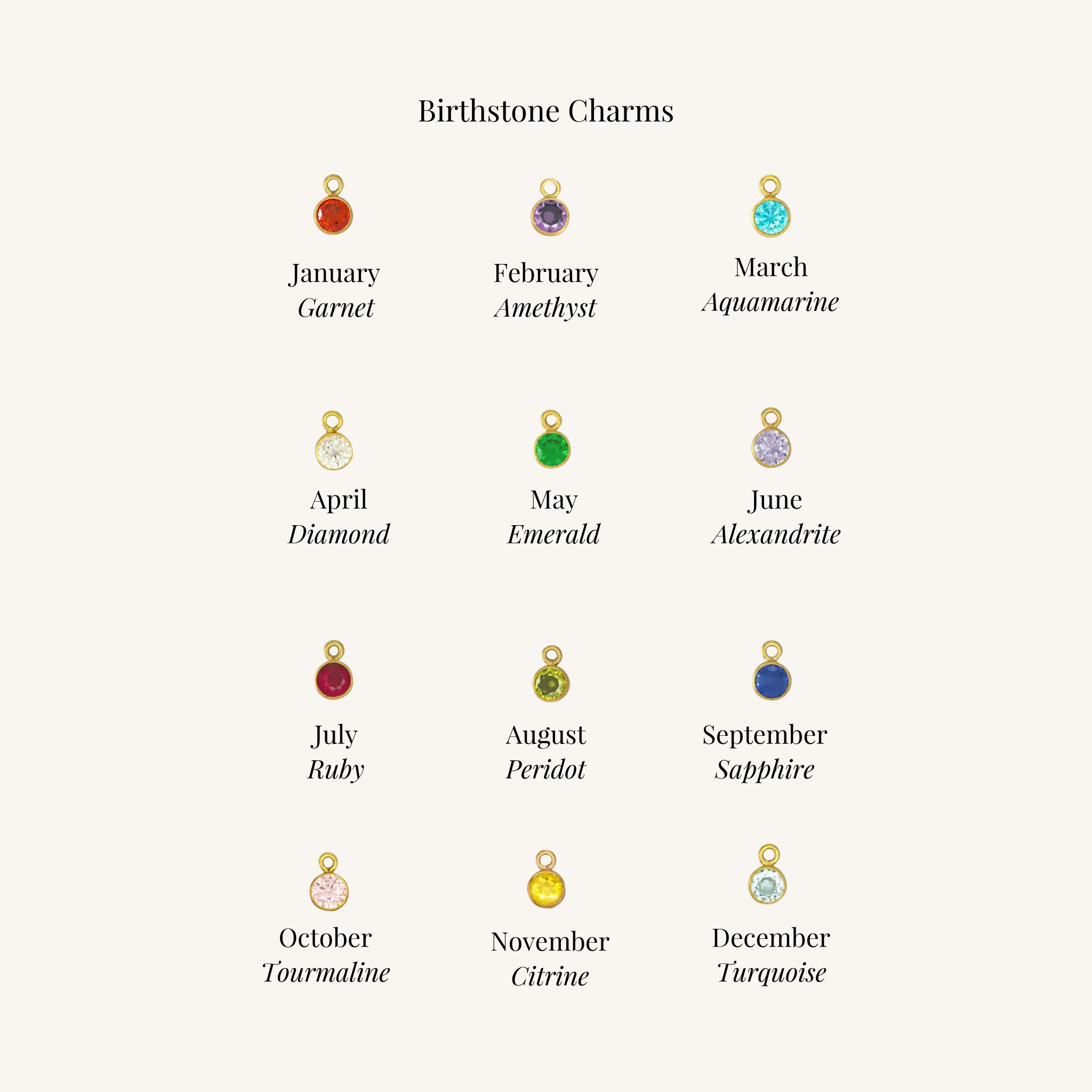 A chart titled 'Birthstone Charms' showing twelve small round pendant charms arranged in a grid, each labeled with its corresponding month and stone name: January Garnet, February Amethyst, March Aquamarine, April Diamond, May Emerald, June Alexandrite, July Ruby, August Peridot, September Sapphire, October Tourmaline, November Citrine, and December Turquoise.