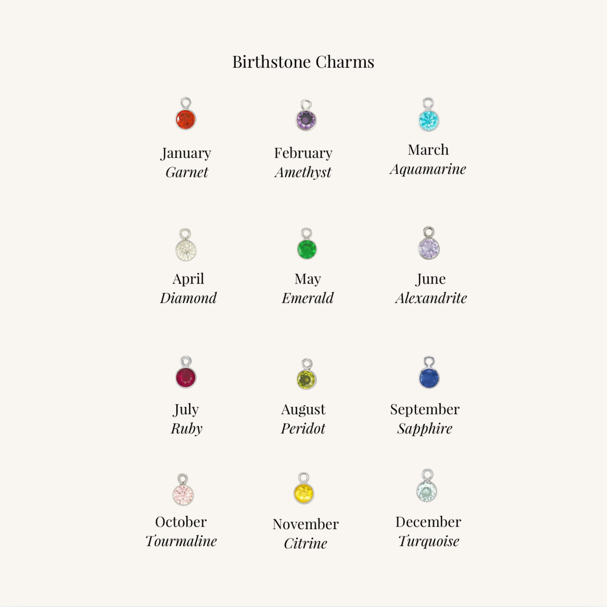 Birthstone charm list in silver