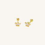 A pair of gold crown stud earrings with clear marquise-cut gemstones, shown from both front and side angles on a light cream background.