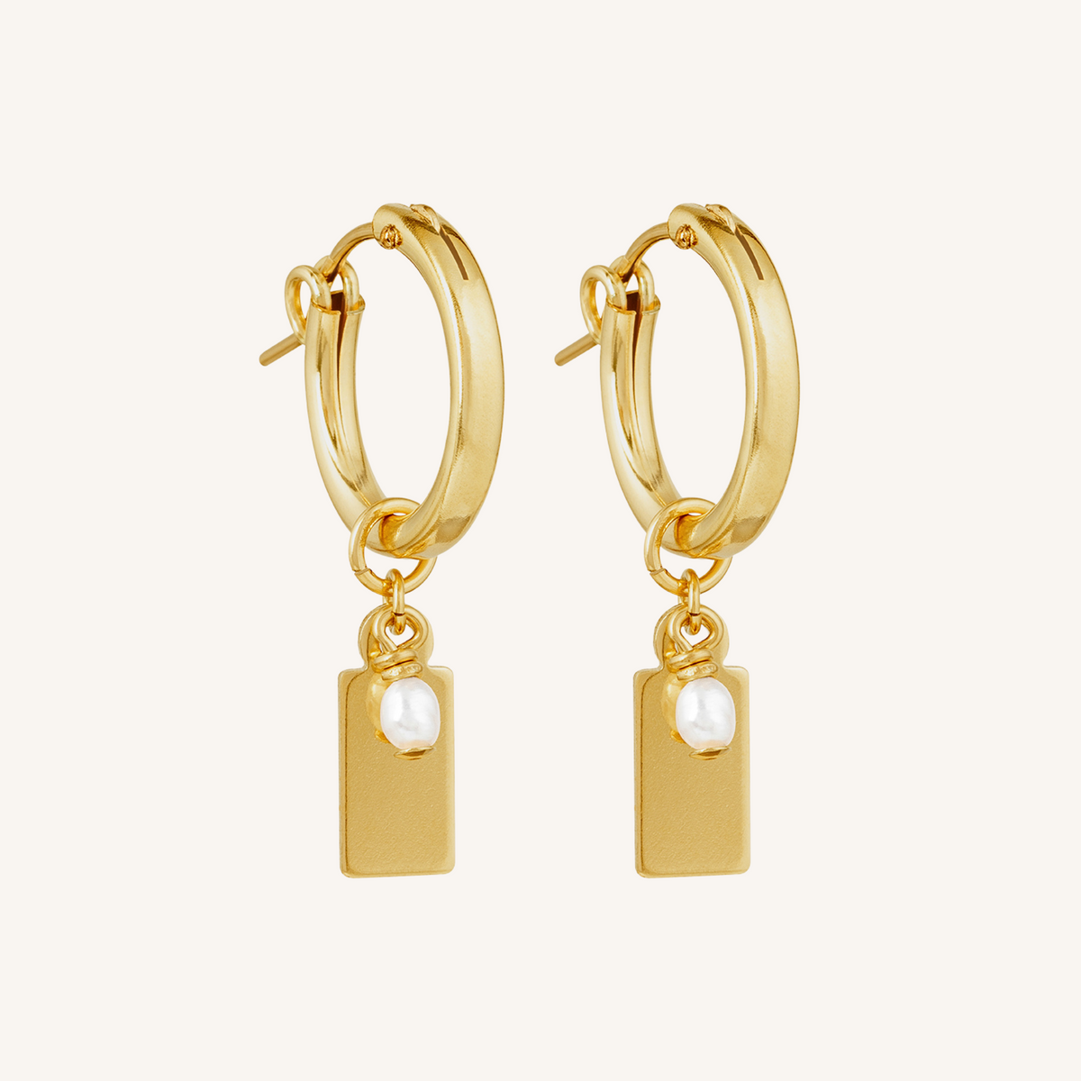 Engravable Rectangle Charm Hoops | With Pearl - Gold