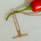 A delicate gold-tone necklace with a bar clasp pendant, draped over a green chili pepper stem on a textured off-white fabric background.