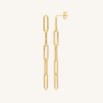 A pair of gold paperclip chain drop earrings with post-back closures, shown against a solid off-white background.