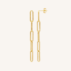 A pair of gold paperclip chain drop earrings with post-back closures, shown against a solid off-white background.
