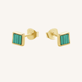 A pair of gold square stud earrings with a green striped inlay, shown on a light cream background.