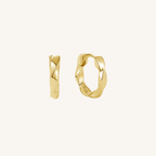 Gold twisted hoop earrings on a white background.