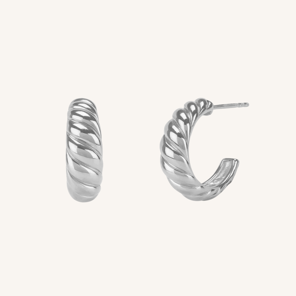 A pair of silver twisted hoop earrings shown on a plain off-white background, with one earring facing forward and the other angled to show the side profile and post.