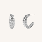 A pair of silver twisted hoop earrings shown on a plain off-white background, with one earring facing forward and the other angled to show the side profile and post.