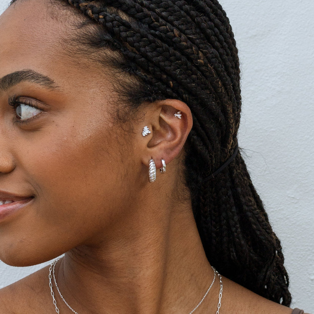 Model wearing Luna Earrings in Silver