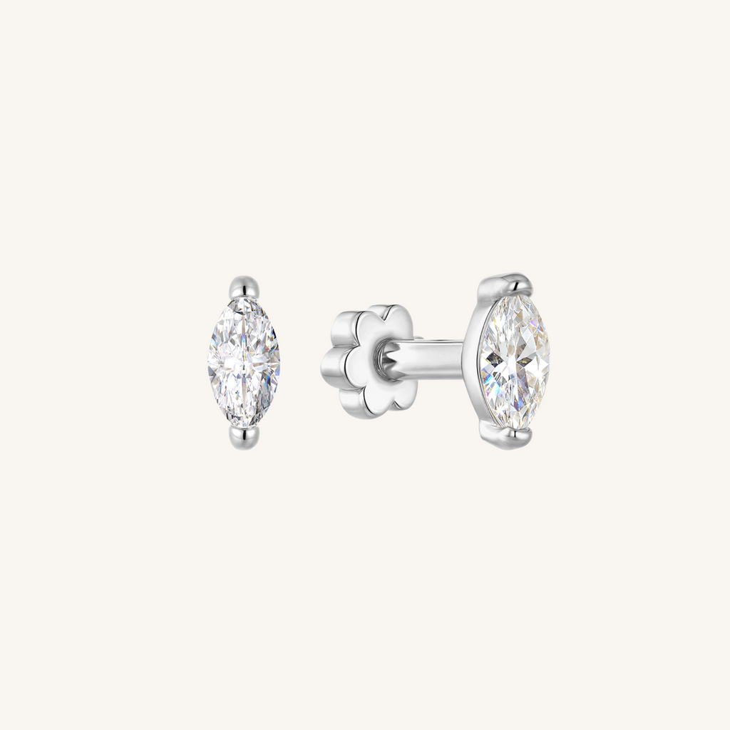 Marquis Flat Back Earrings Threaded Studs - 925 Sterling Silver