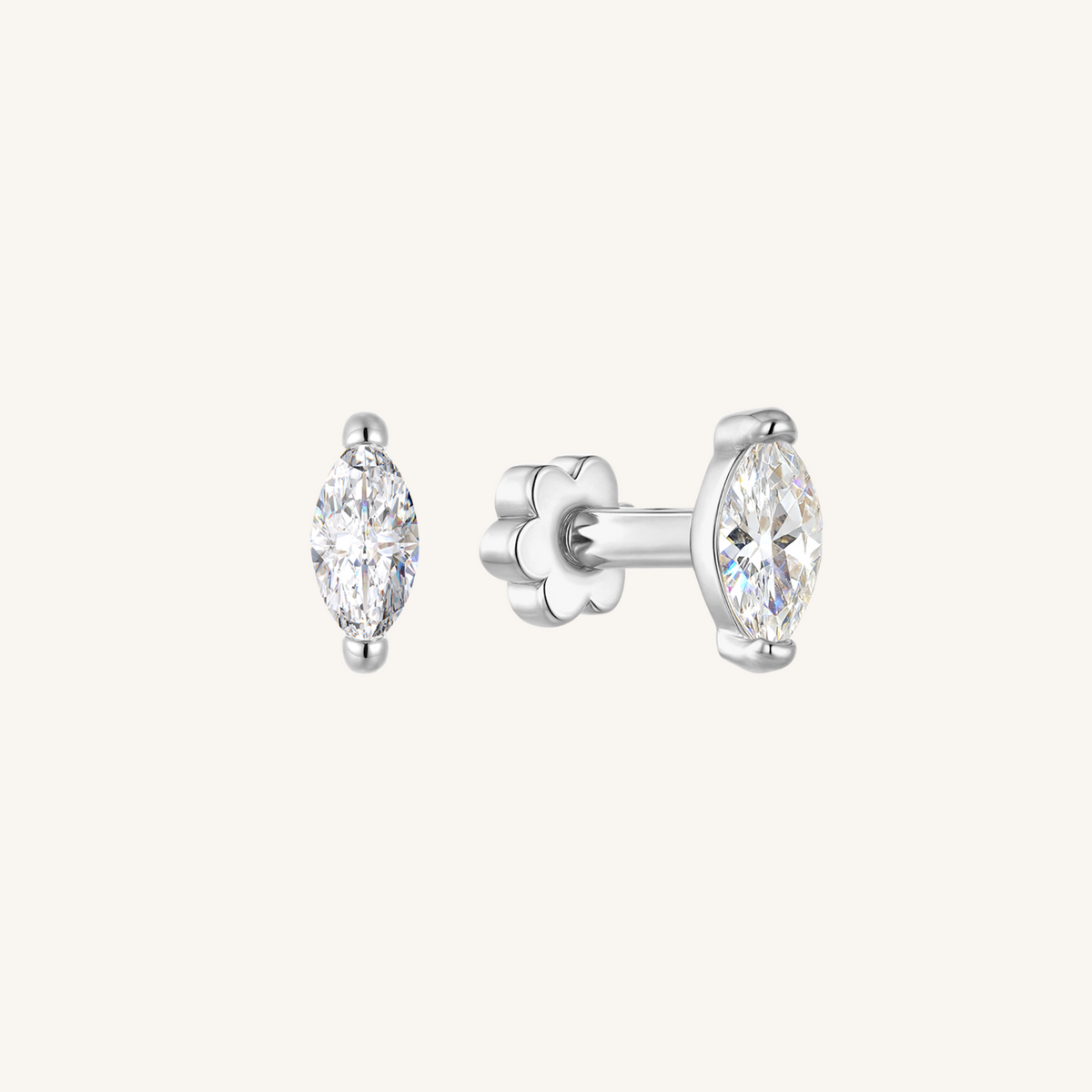 Marquis Flat Back Earrings Threaded Studs - 925 Sterling Silver