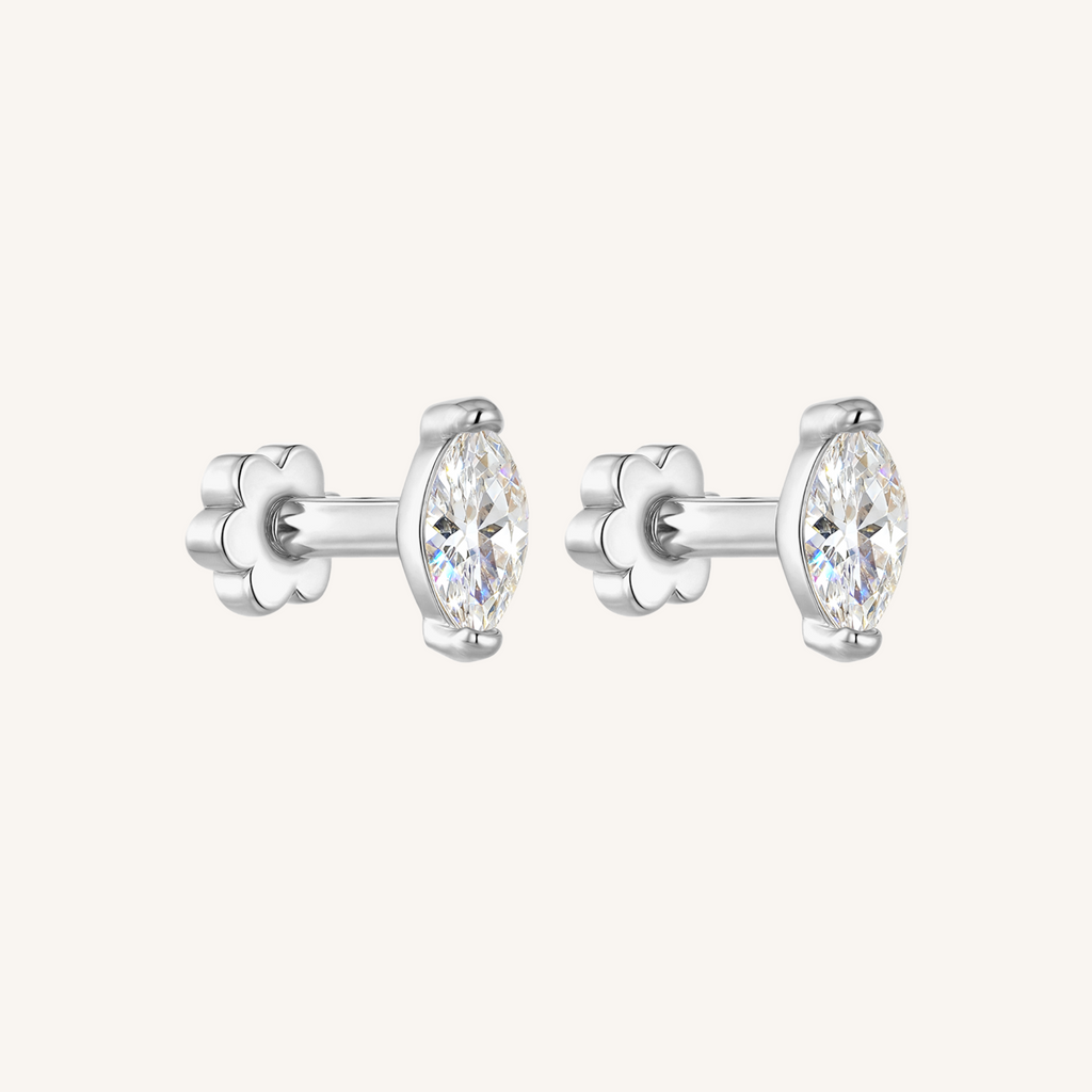 Marquis Flat Back Earrings Threaded Studs - 925 Sterling Silver