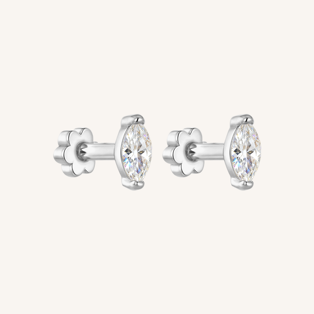 Marquis Flat Back Earrings Threaded Studs - 925 Sterling Silver