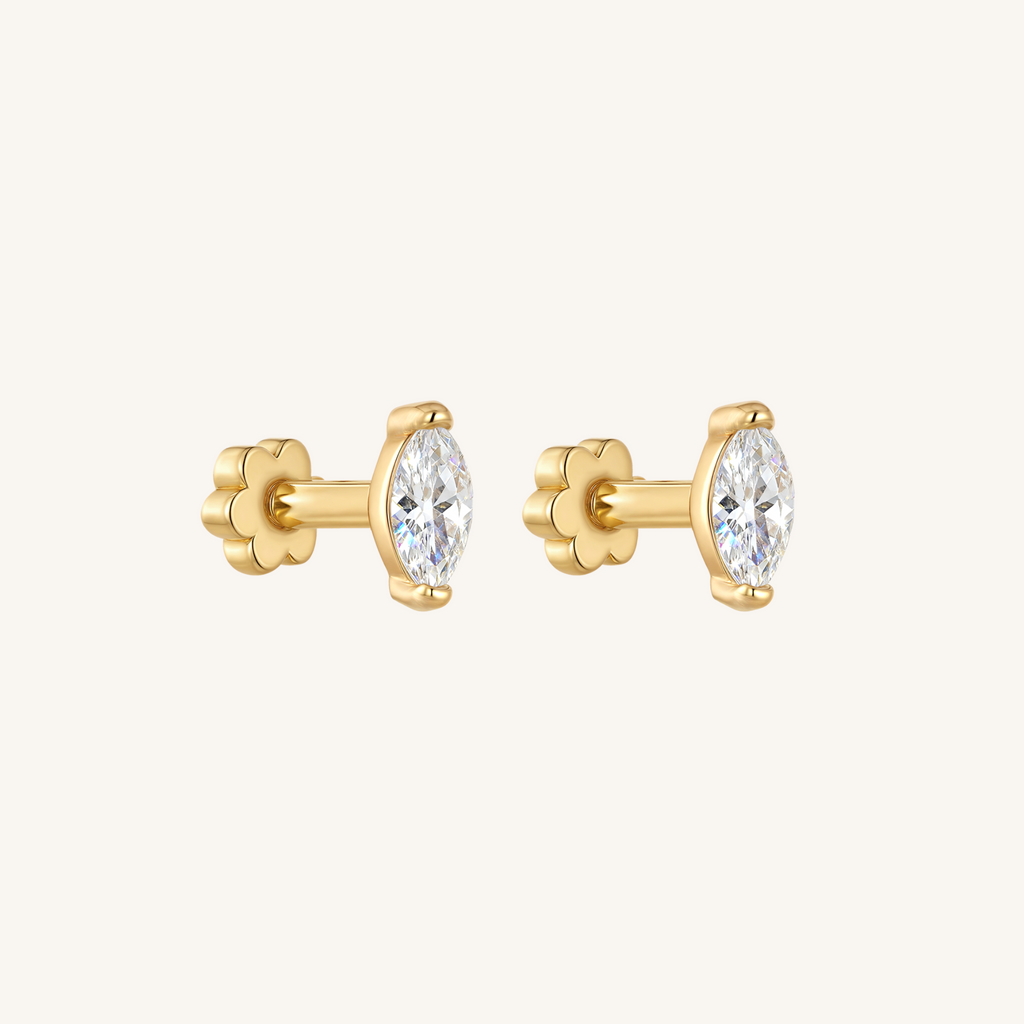 Marquis Flat Back Earrings Threaded Studs - 14k Gold Filled