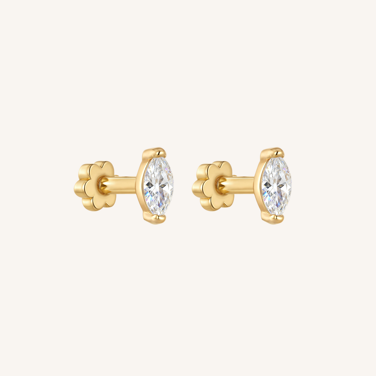 Marquis Flat Back Earrings Threaded Studs - 14k Gold Filled