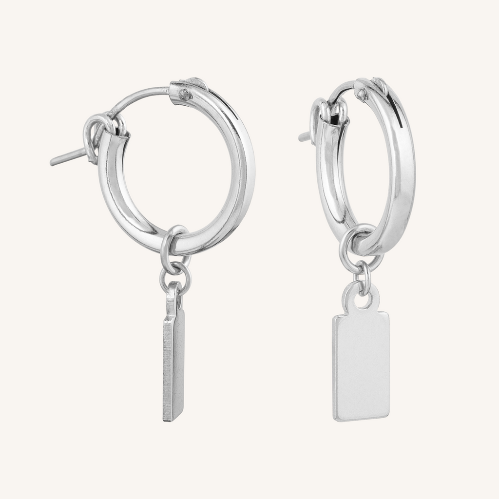 Engravable Rectangle Charm Hoops - Silver