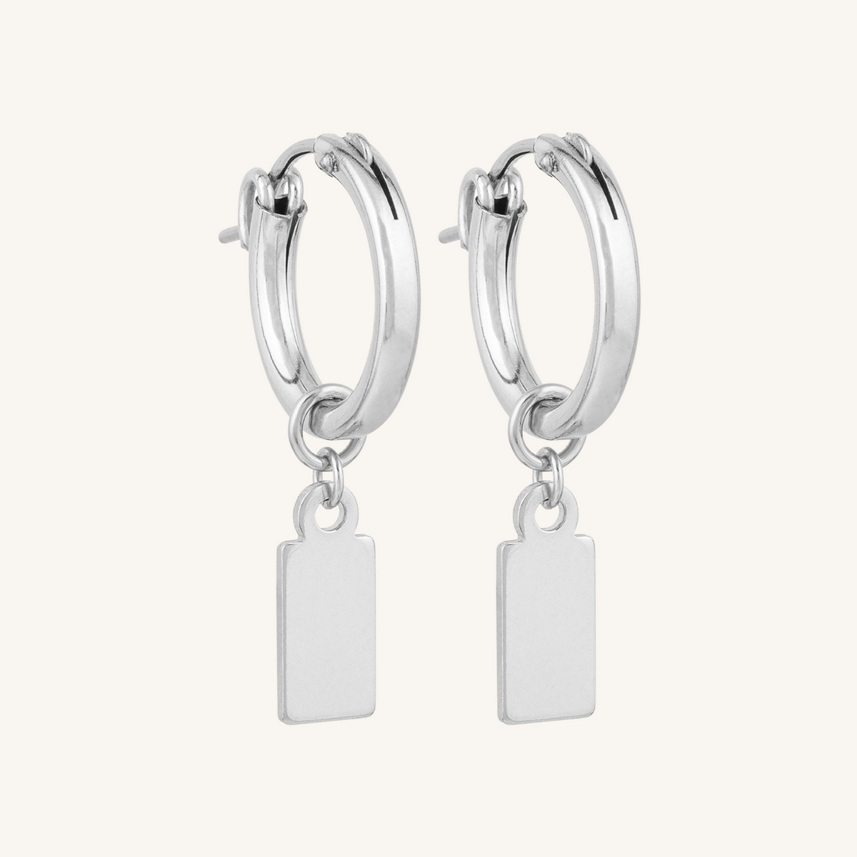 Engravable Rectangle Charm Hoops - Silver