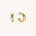 A pair of polished gold huggie hoop earrings, shown from two angles (side and back) on a clean, off-white background.