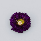 Gold necklace displayed on a purple flower with a light gray background
