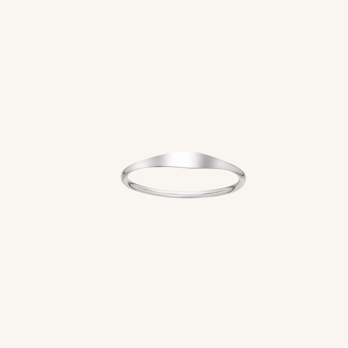 A minimalist, thin silver band ring with a polished finish, centered on a solid off-white background.