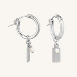 Engravable Rectangle Charm Hoops - With Pearl - Silver