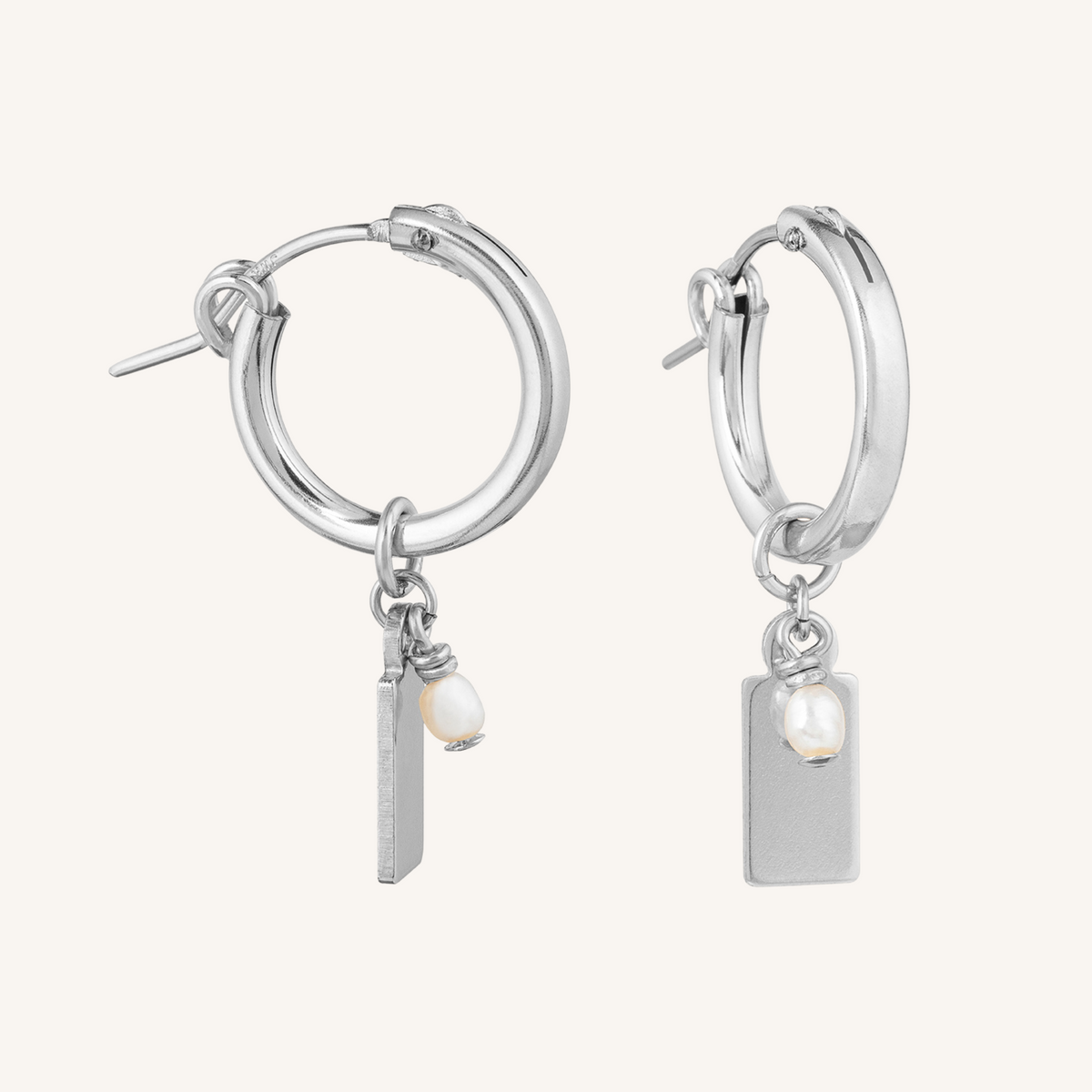 Engravable Rectangle Charm Hoops | With Pearl - Silver
