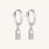 Engravable Rectangle Charm Hoops - With Pearl - Silver