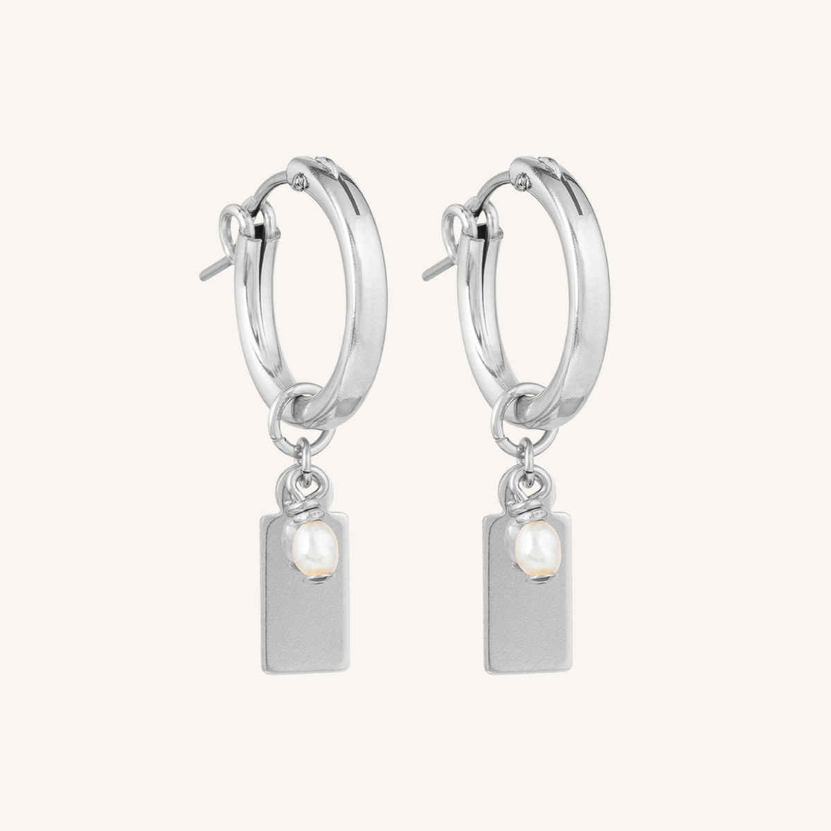 Engravable Rectangle Charm Hoops | With Pearl - Silver