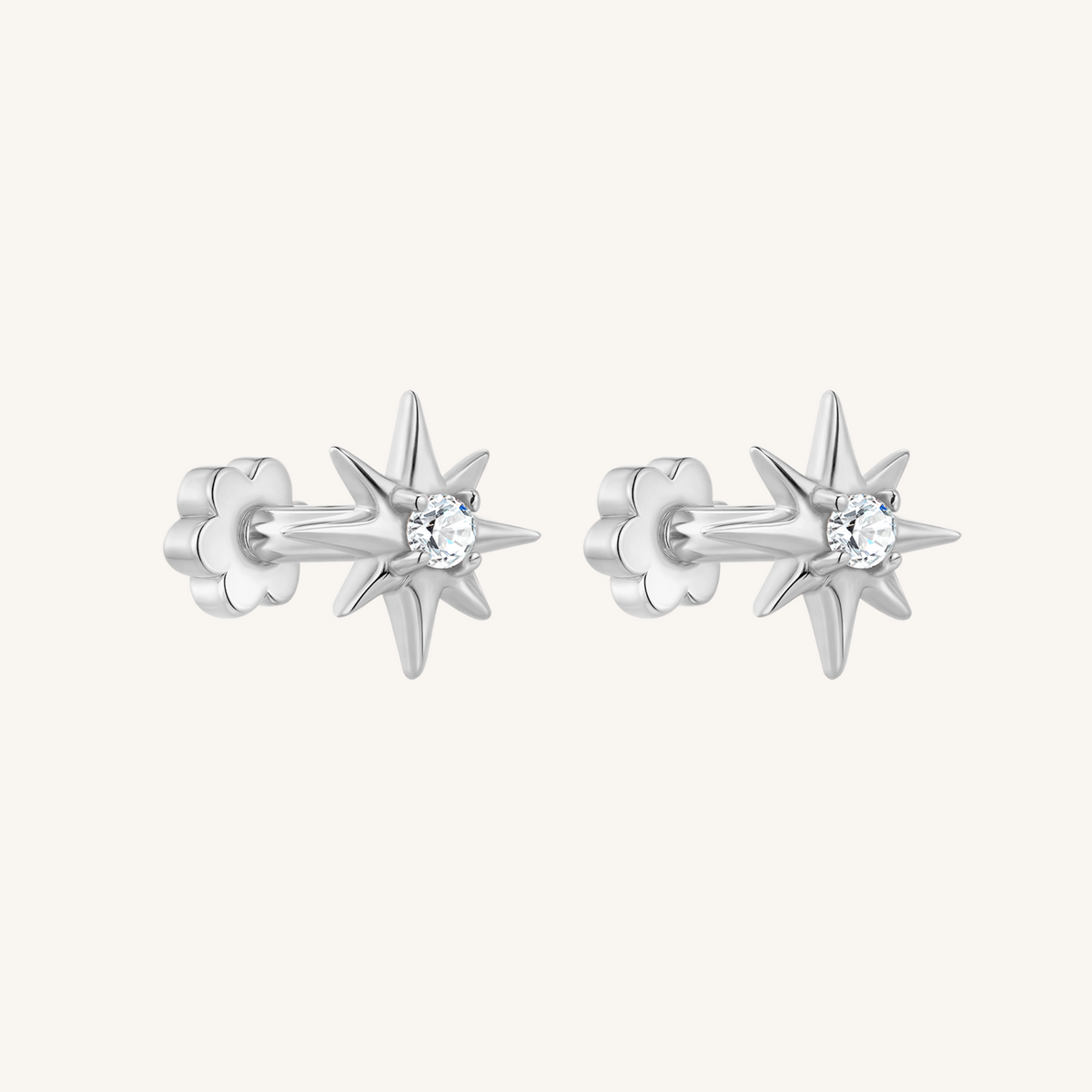 Starburst Flat Back Earrings Threaded Studs - 925 Sterling Silver