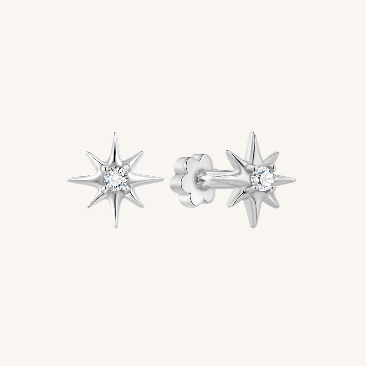 Starburst Flat Back Earrings Threaded Studs - 925 Sterling Silver