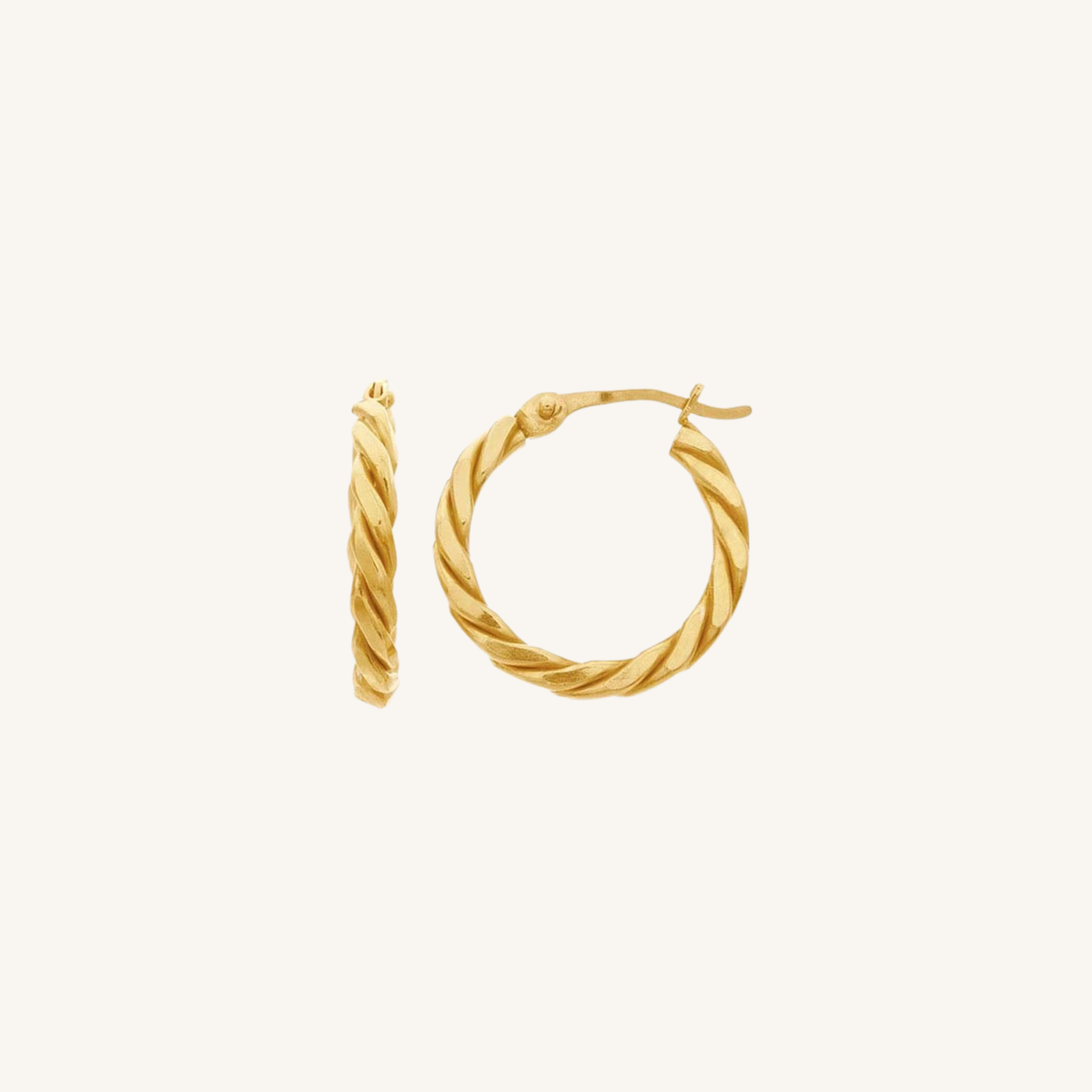A pair of gold hoop earrings with a twisted rope texture, shown on a plain off-white background.