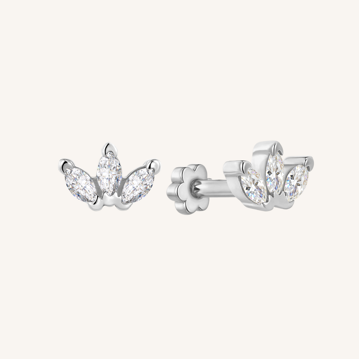Triple Marquis Flat Back Earrings Threaded Studs - 925 Sterling Silver
