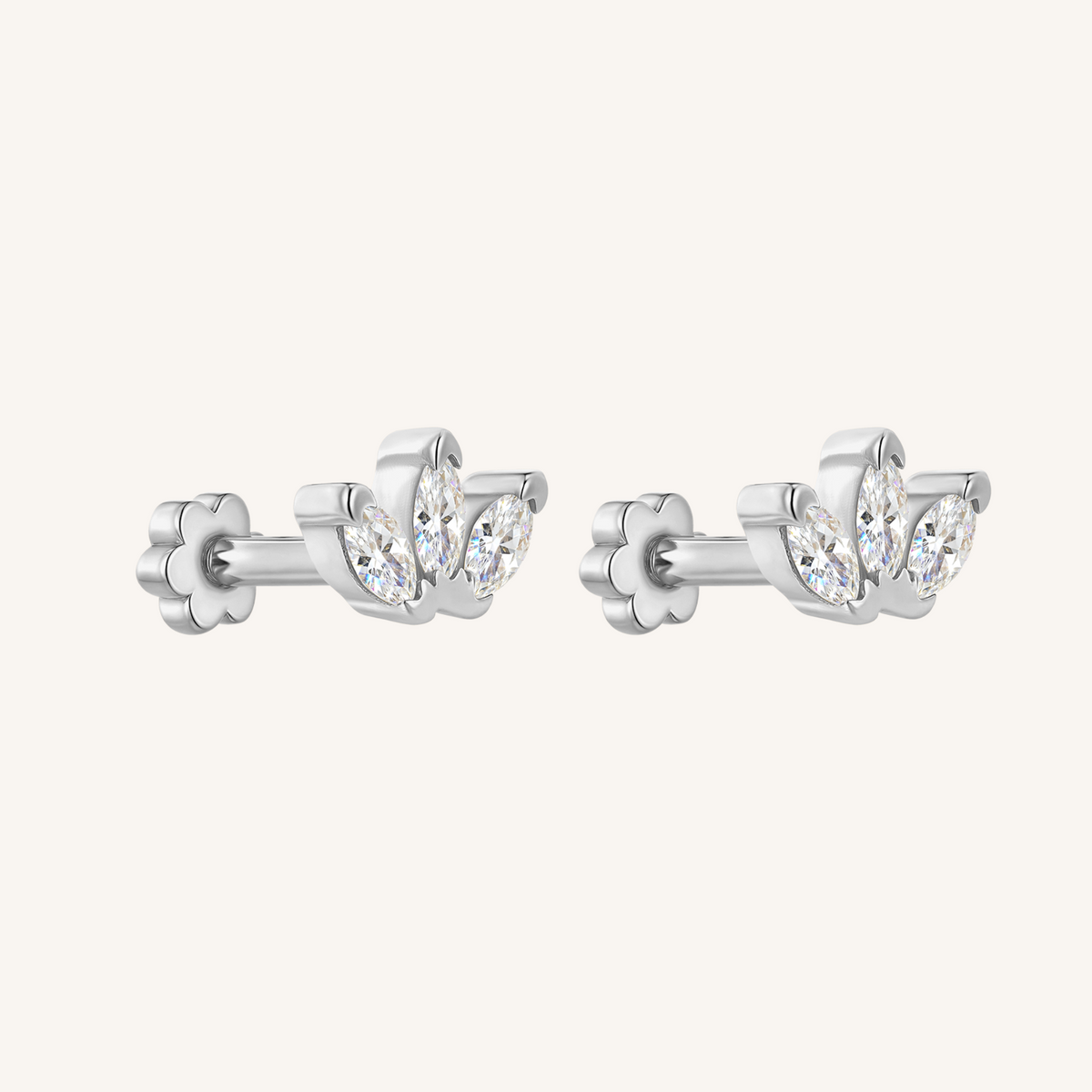 Triple Marquis Flat Back Earrings Threaded Studs - 925 Sterling Silver