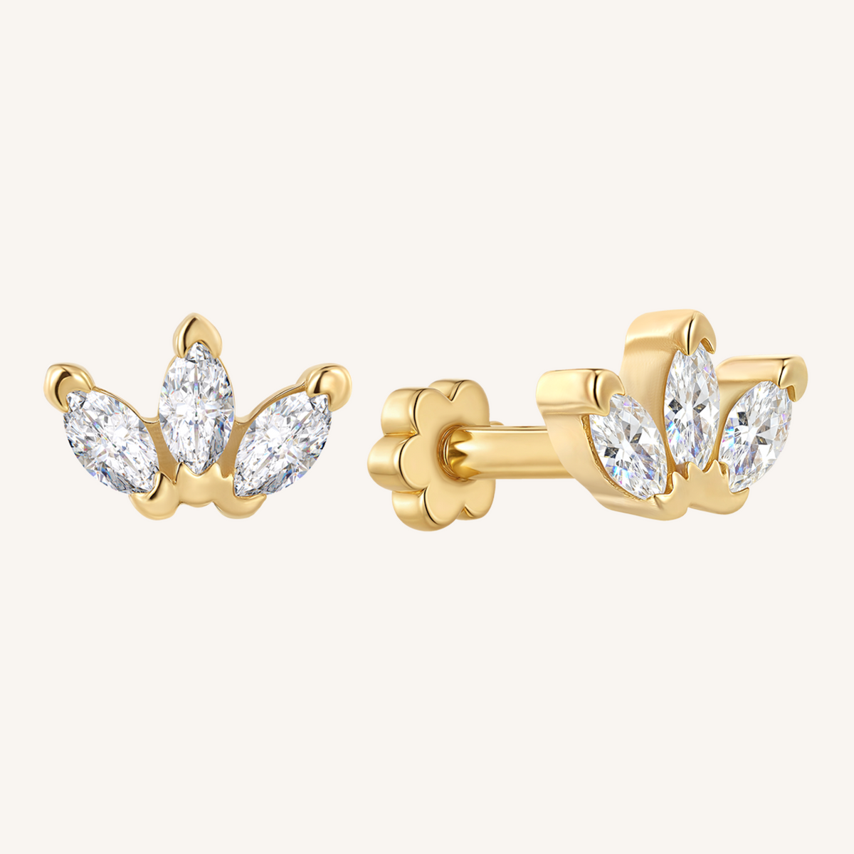 Triple Marquis Flat Back Earrings Threaded Studs - 14k Gold Filled