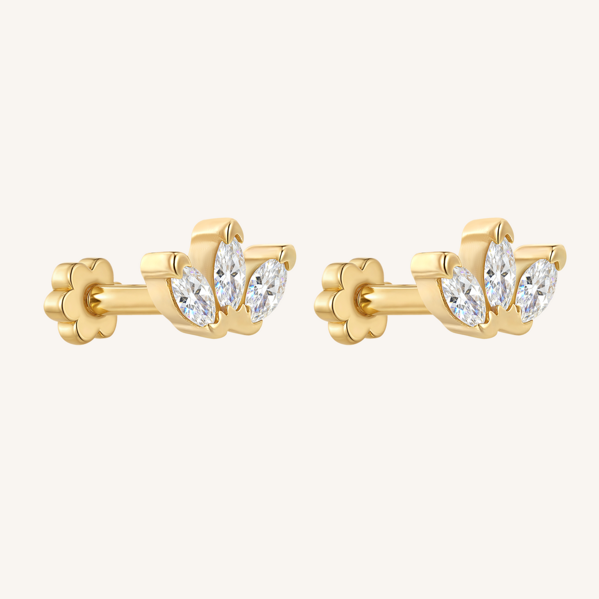 Triple Marquis Flat Back Earrings Threaded Studs - 14k Gold Filled