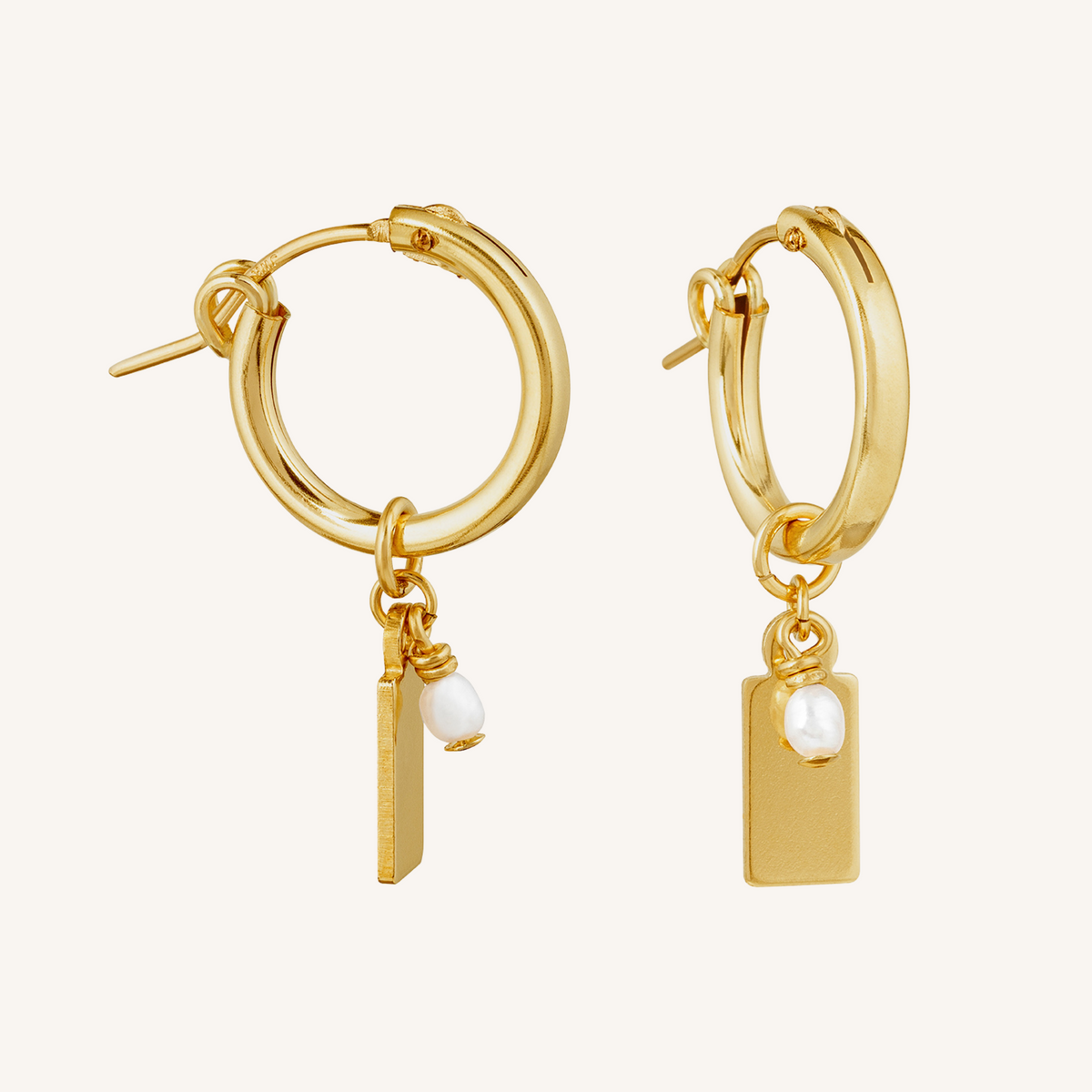 Engravable Rectangle Charm Hoops | With Pearl - Gold