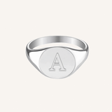Signature Signet Ring in sterling silver, angled view showing the engravable oval face